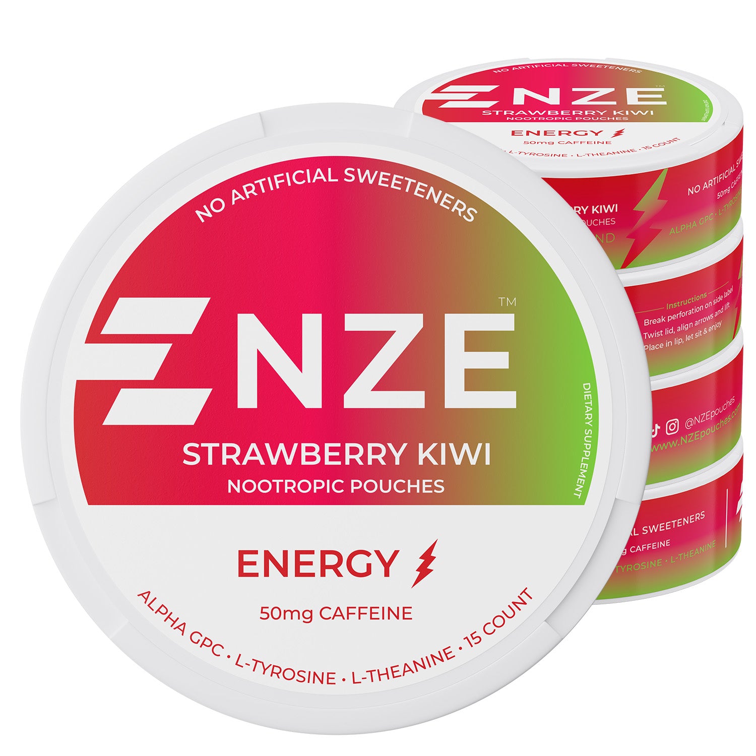 NZE Strawberry Kiwi 50mg Caffeine Pouches - 5 Pack · NZE