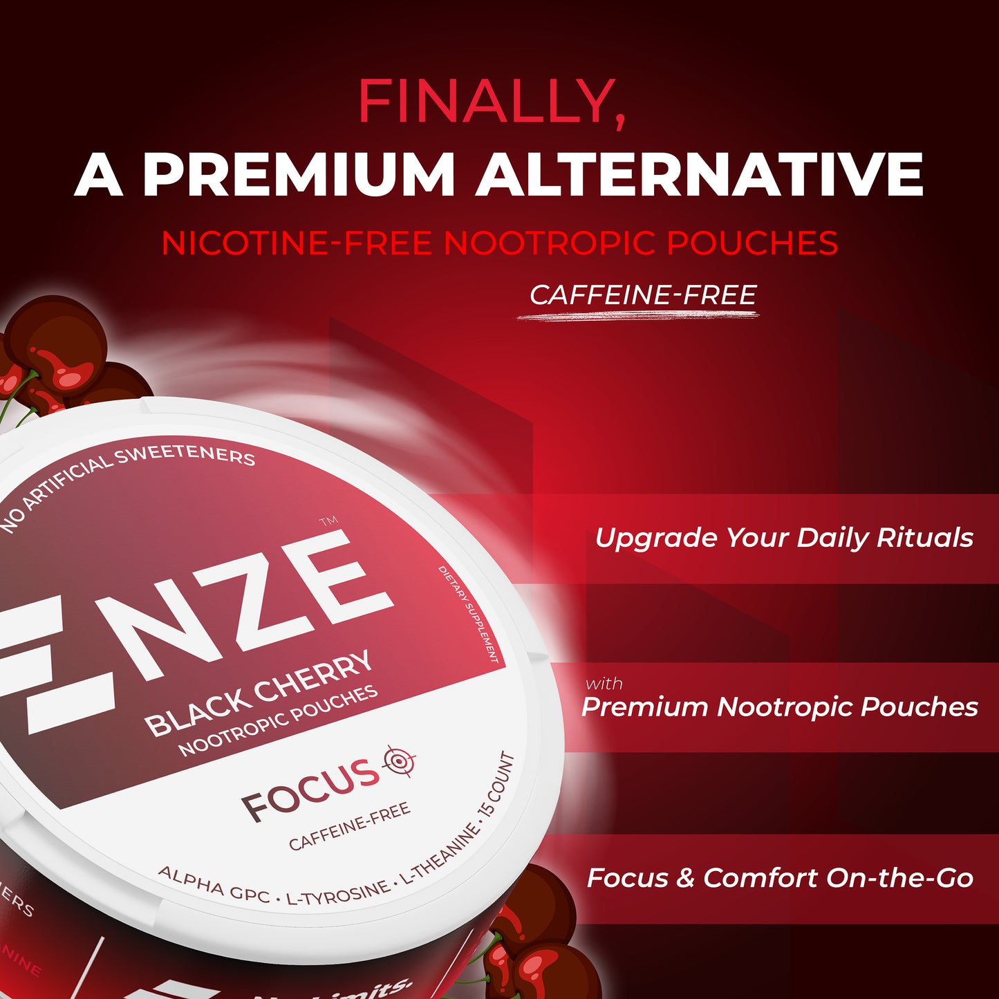 NZE Black Cherry Focus Nootropic Pouches (Caffeine Free) - 5 Pack