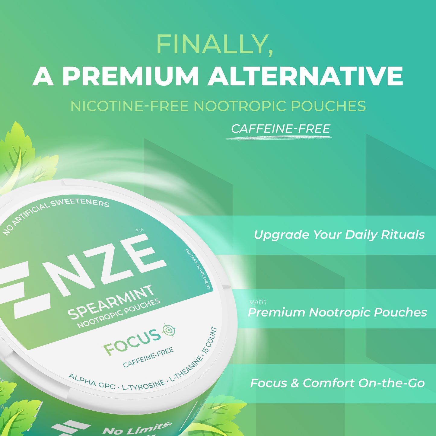 NZE Spearmint Focus Nootropic Pouches (Caffeine Free) - 5 Pack