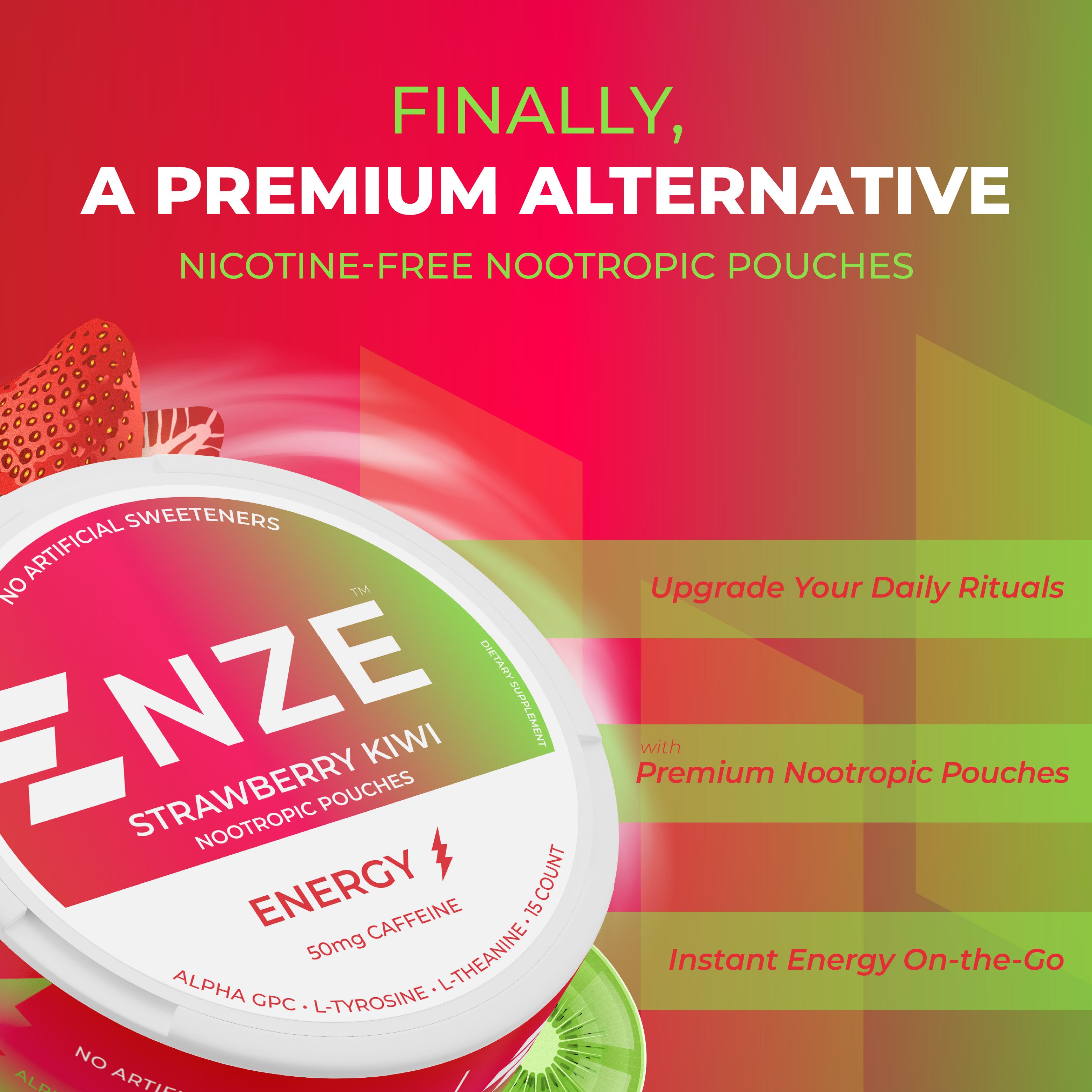 NZE Strawberry Kiwi 50mg Caffeine Pouches - 5 Pack