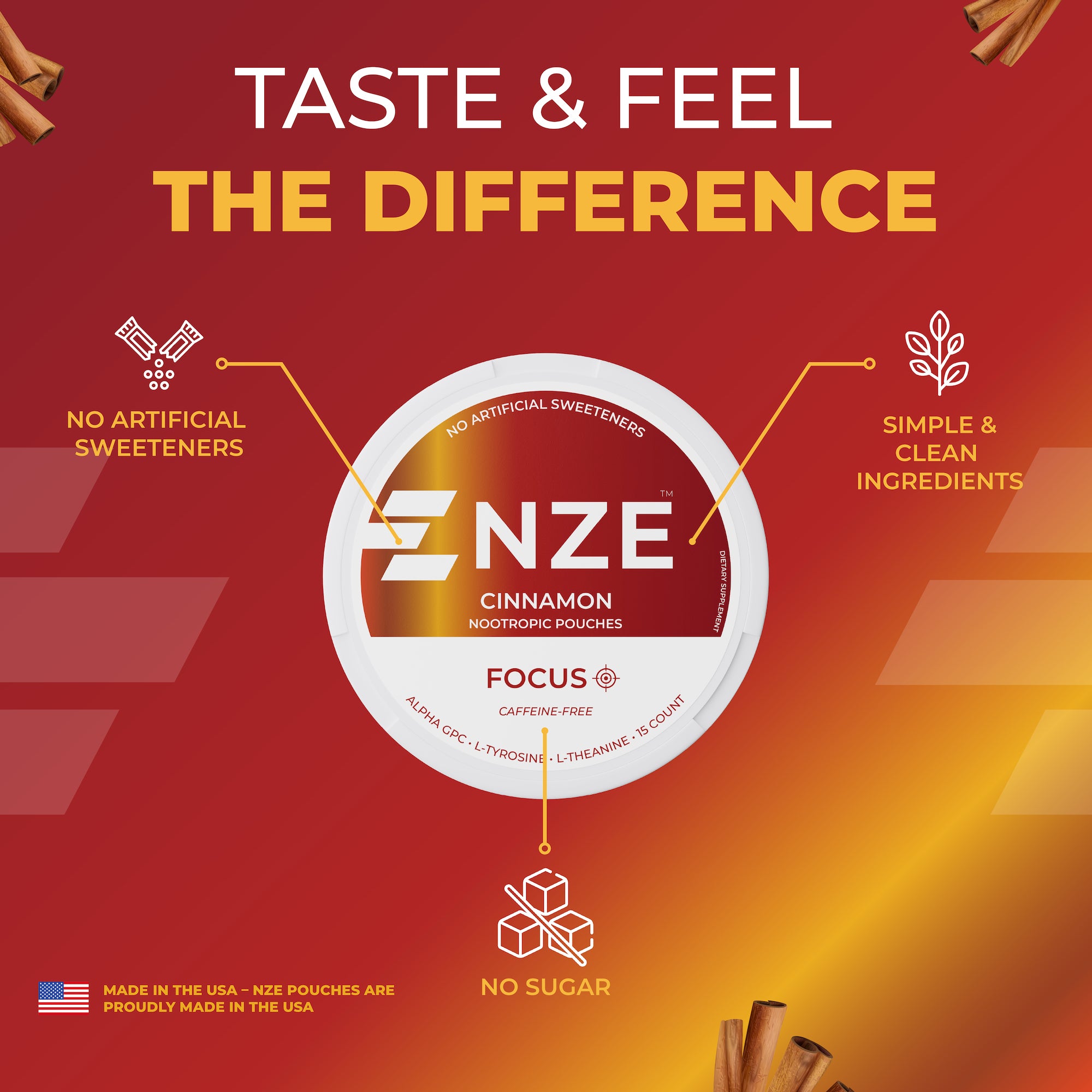 NZE Cinnamon Focus Nootropic Pouches (Caffeine Free) - 5 Pack
