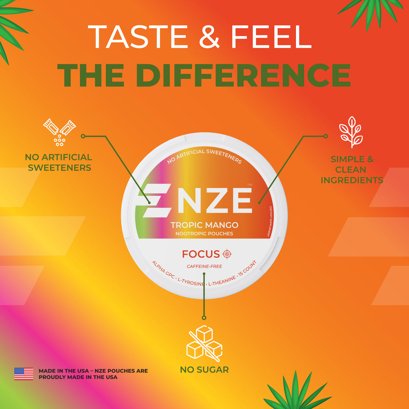 NZE Tropic Mango Focus Nootropic Pouches (Caffeine Free) - 5 Pack