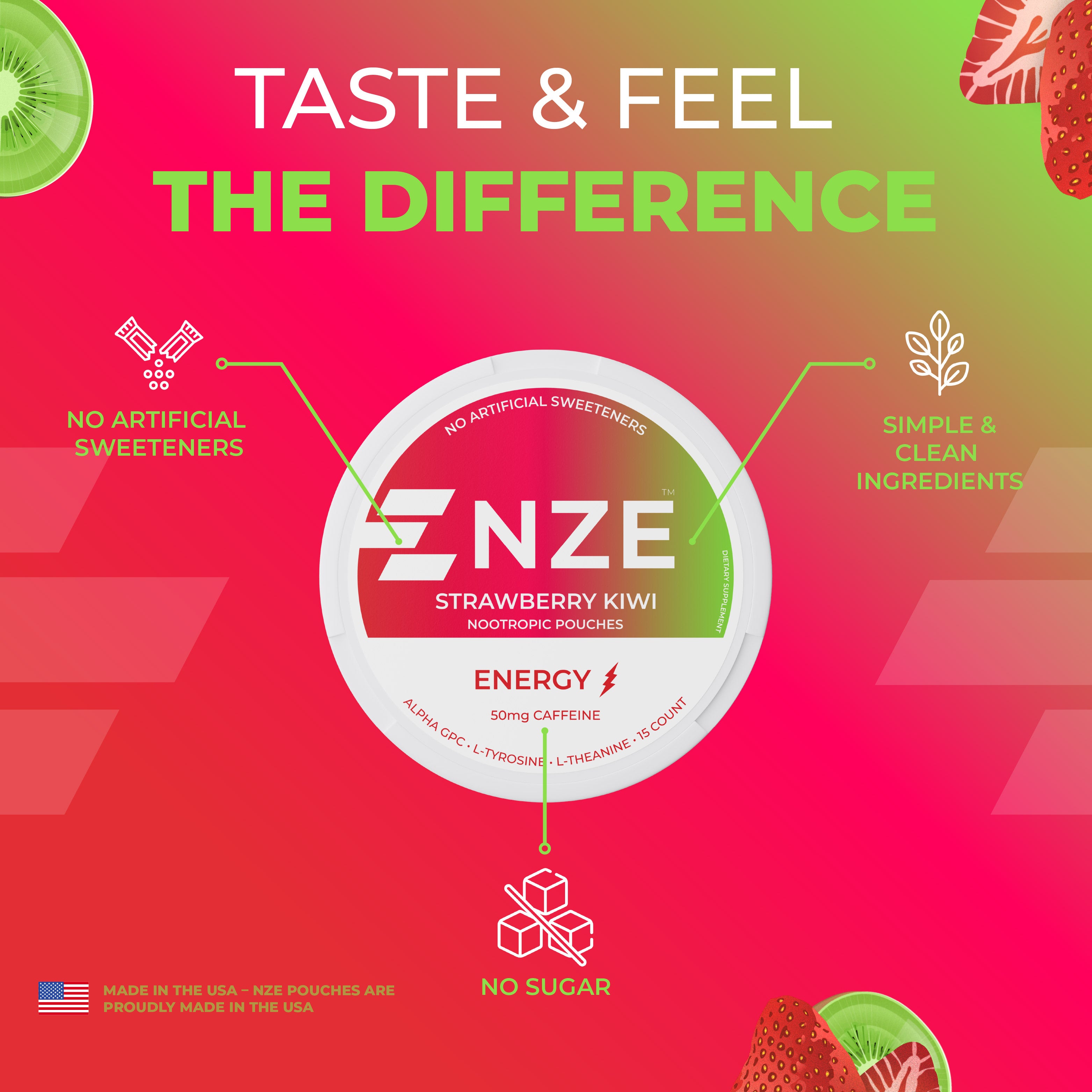 NZE Strawberry Kiwi 50mg Caffeine Pouches - 5 Pack