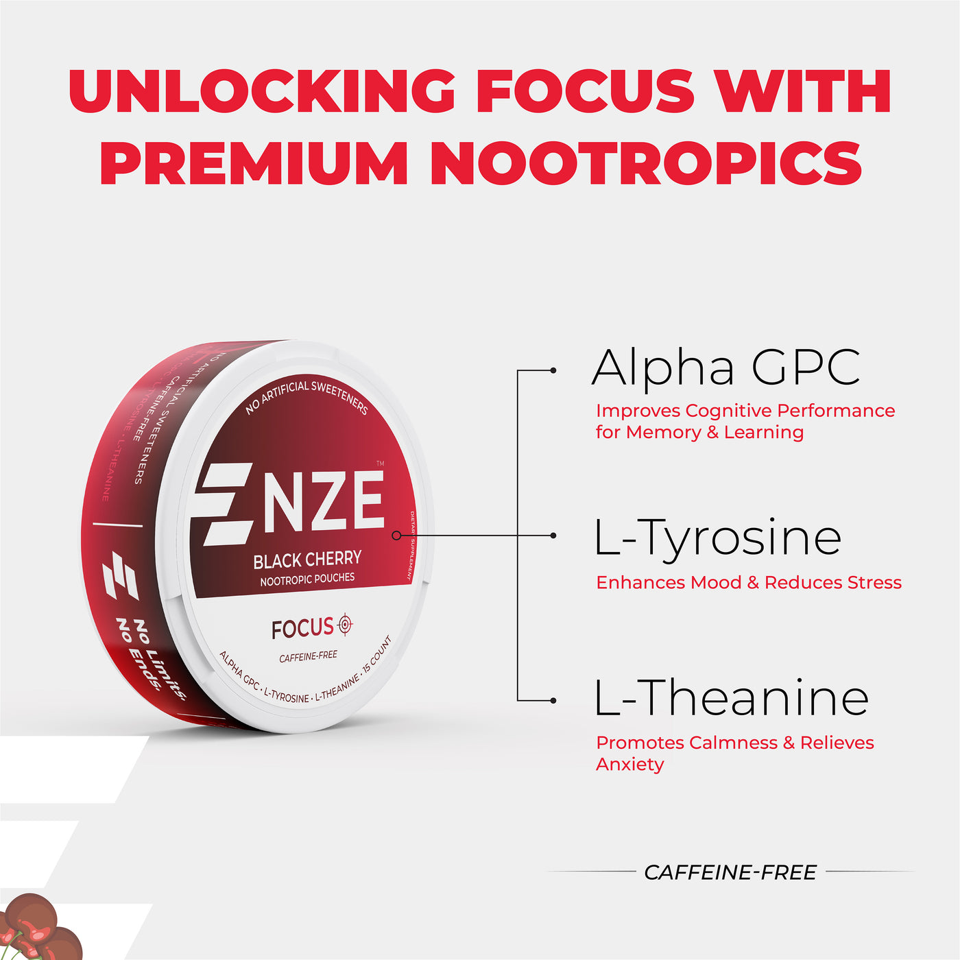 NZE Black Cherry Focus Nootropic Pouches (Caffeine Free) - 5 Pack