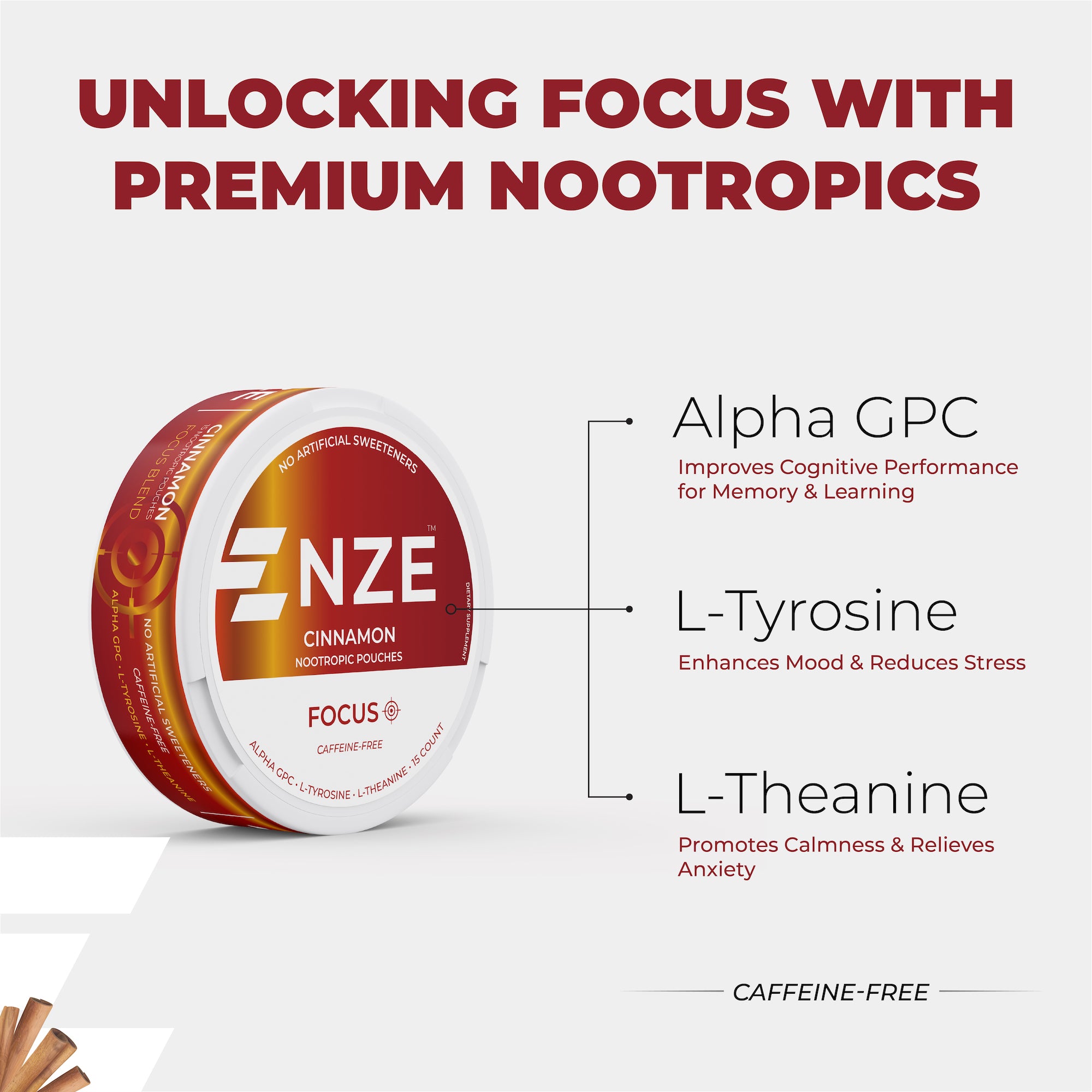 NZE Cinnamon Focus Nootropic Pouches (Caffeine Free) - 5 Pack · NZE