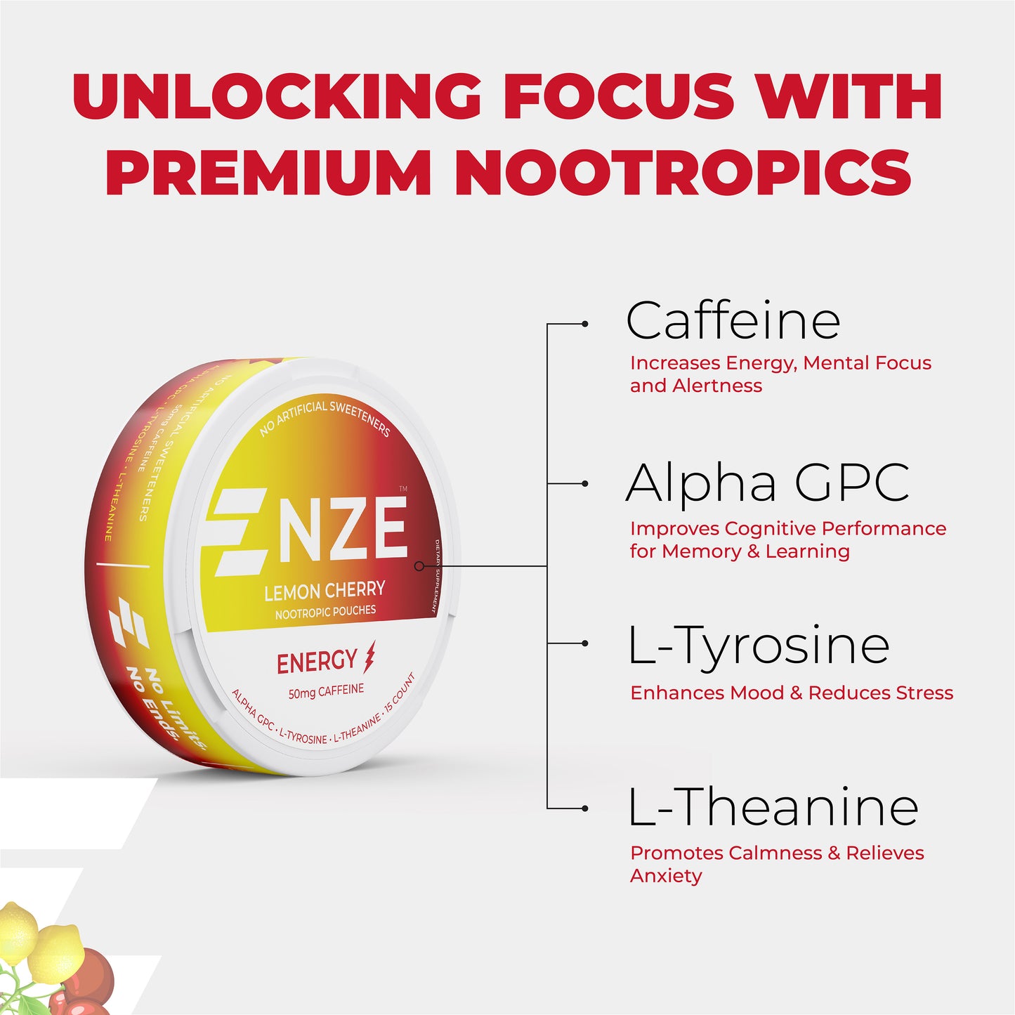 NZE Lemon Cherry 50mg Caffeine Pouches - 5 Pack