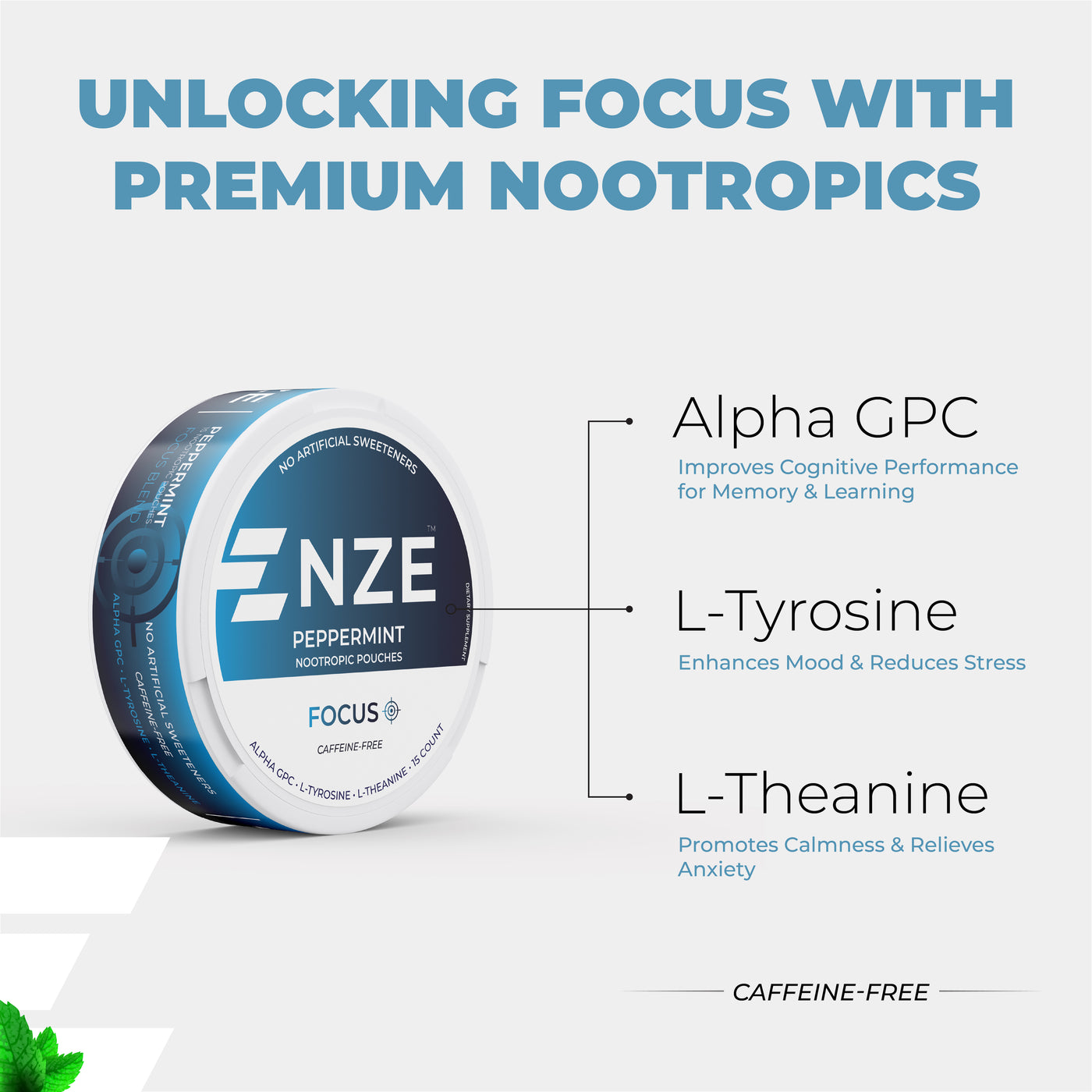 NZE Peppermint Focus Nootropic Pouches (Caffeine Free) - 5 Pack