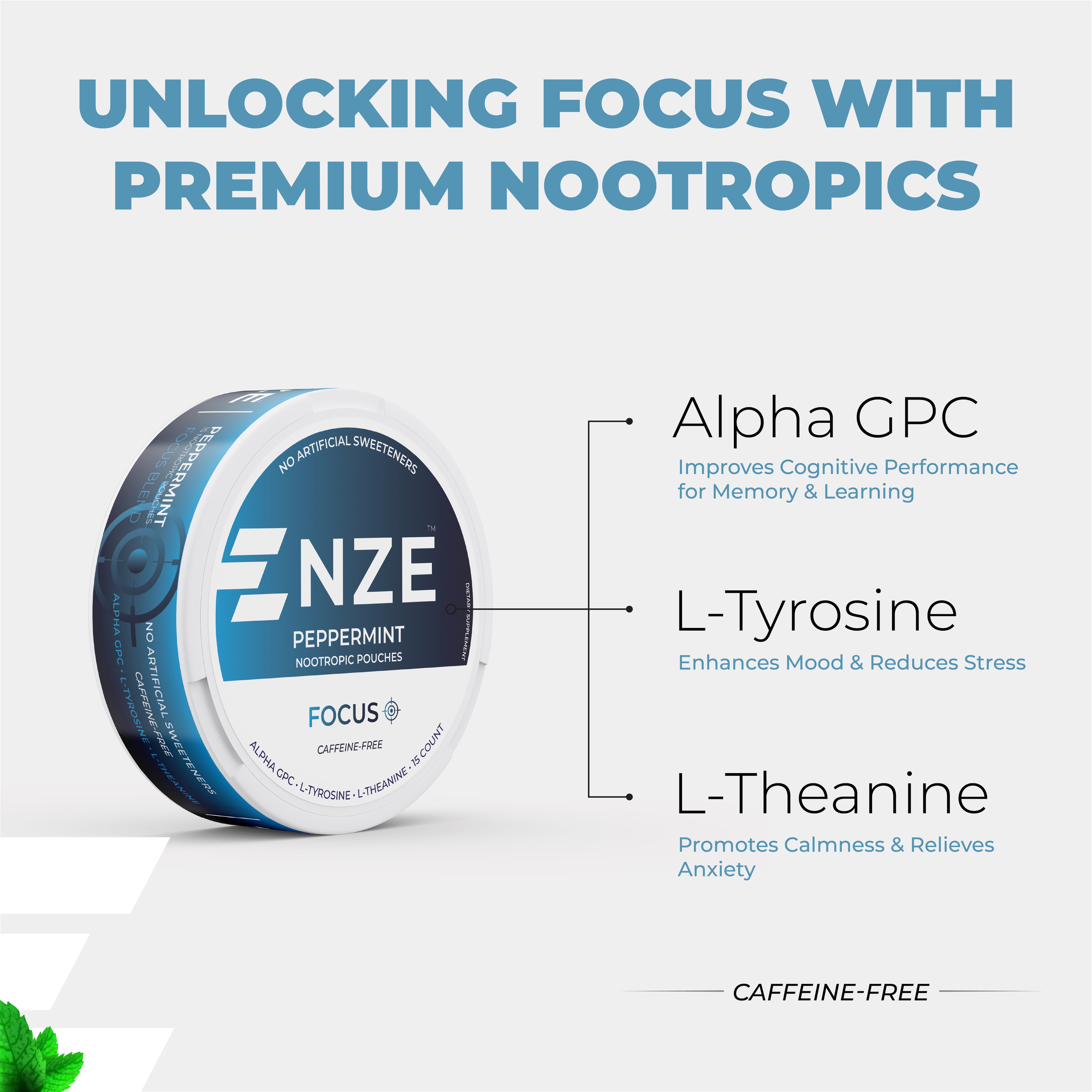 NZE Peppermint Focus Nootropic Pouches (Caffeine Free) - 5 Pack