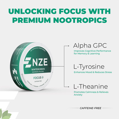 NZE Wintergreen Focus Nootropic Pouches (Caffeine Free) - 5 Pack