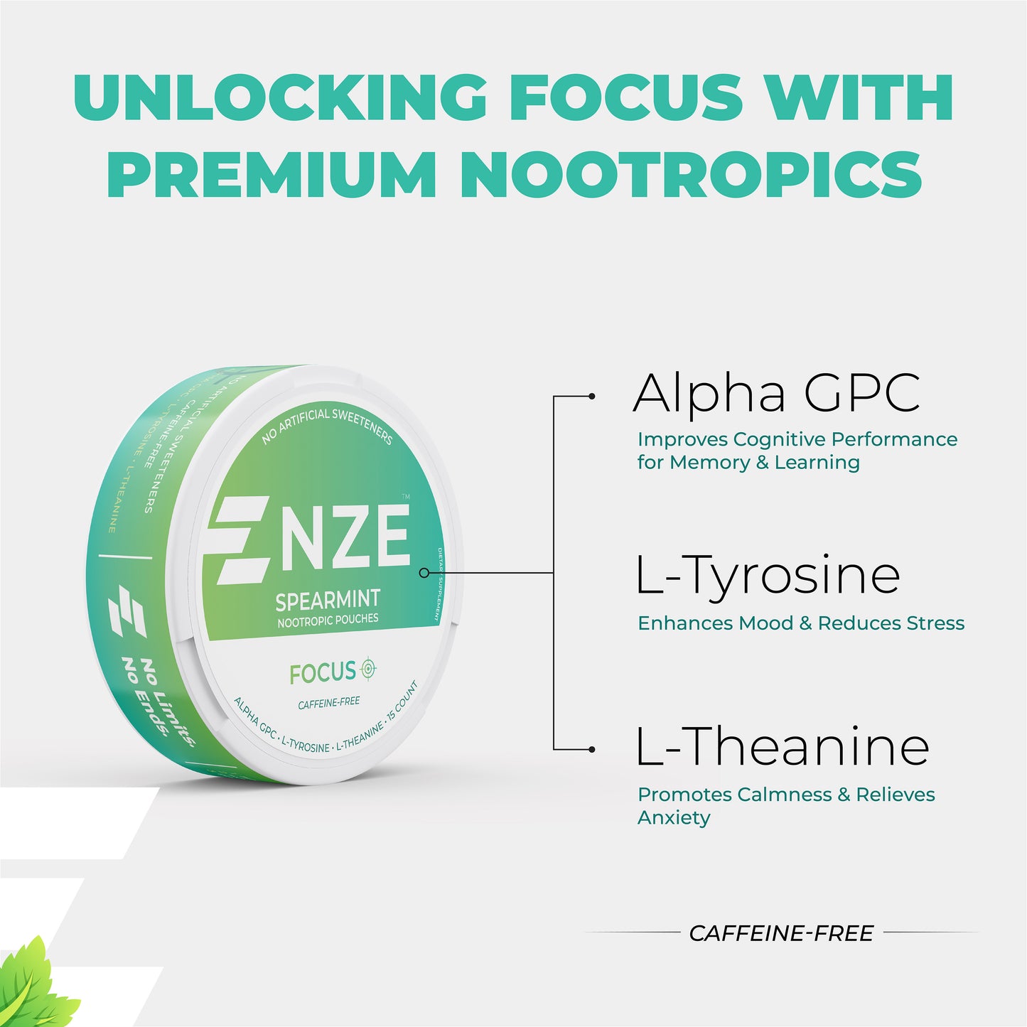 NZE Spearmint Focus Nootropic Pouches (Caffeine Free) - 5 Pack