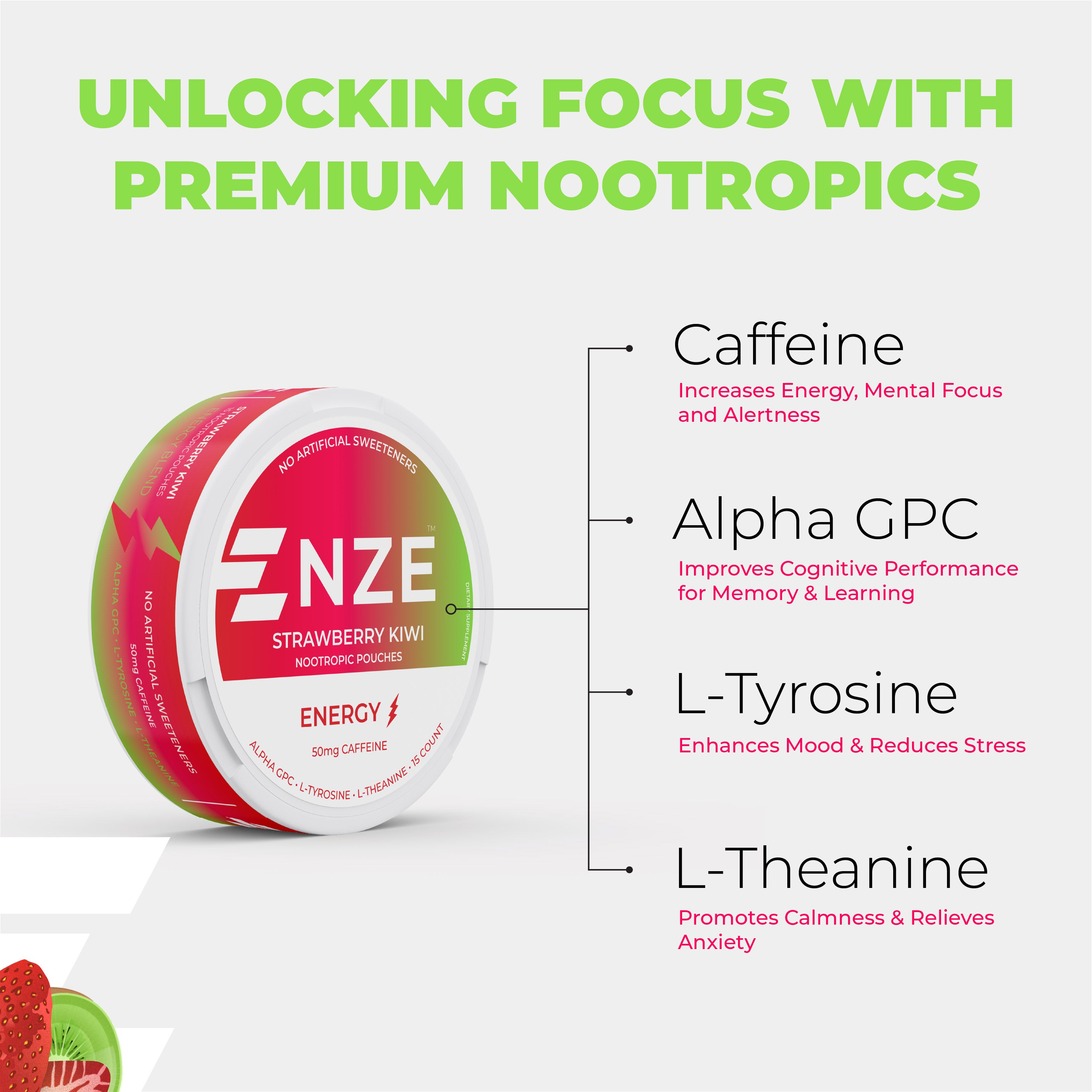 NZE Strawberry Kiwi 50mg Caffeine Pouches - 5 Pack