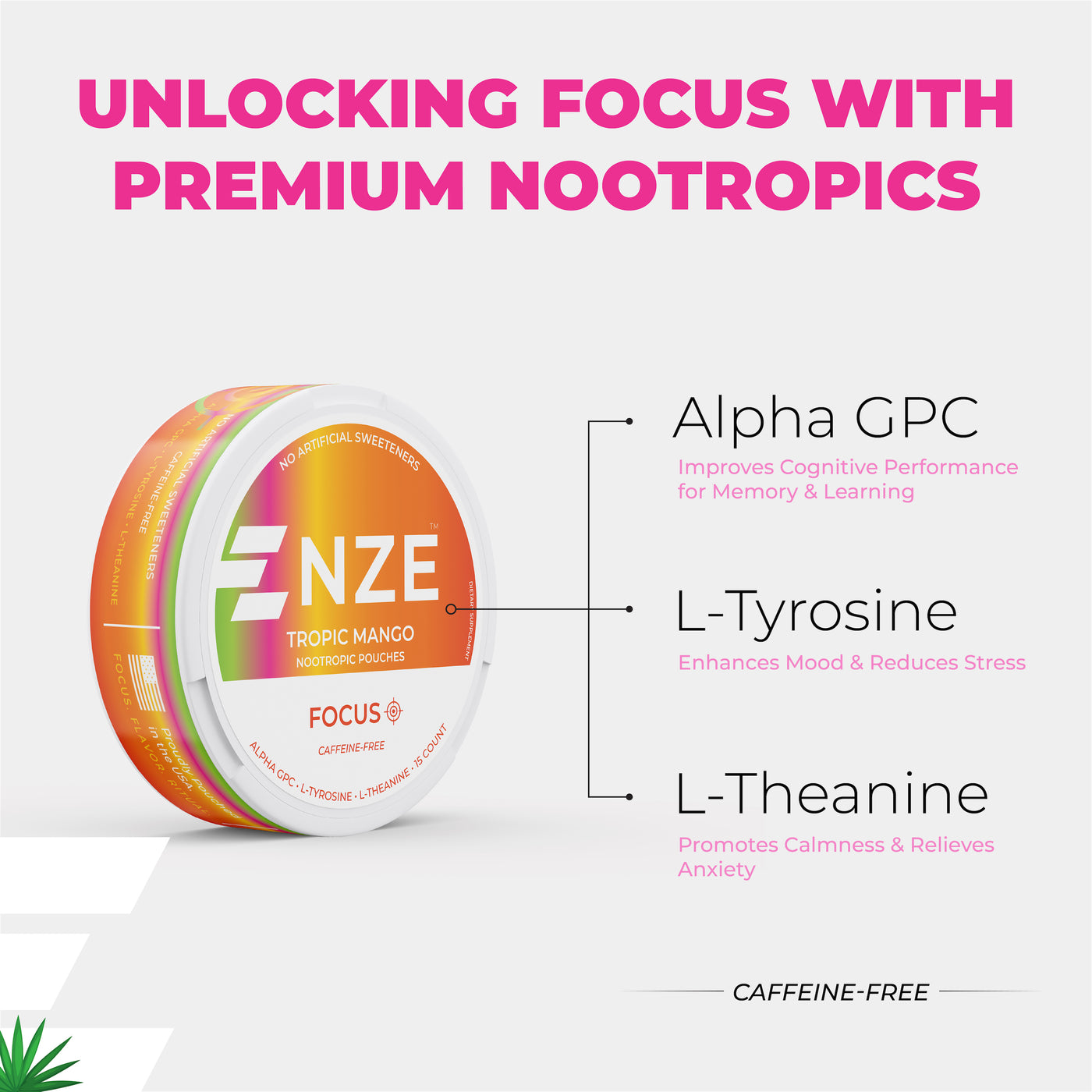 NZE Tropic Mango Focus Nootropic Pouches (Caffeine Free) - 5 Pack