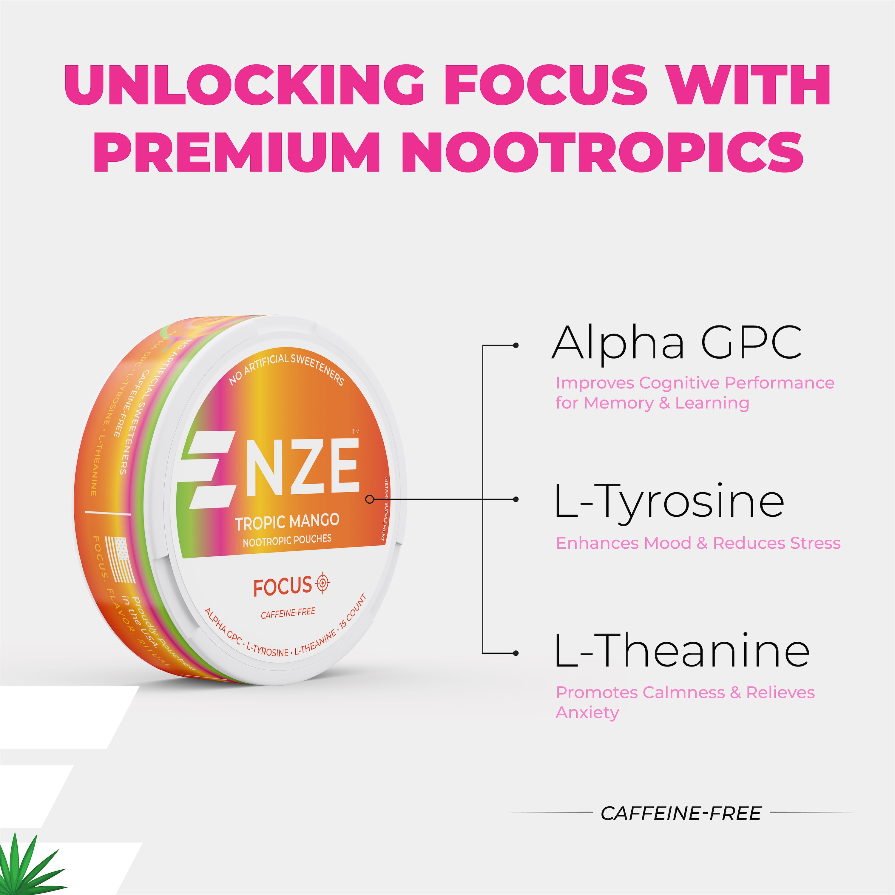 NZE Tropic Mango Focus Nootropic Pouches (Caffeine Free) - 5 Pack