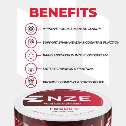NZE Black Cherry Focus Nootropic Pouches (Caffeine Free) - 5 Pack