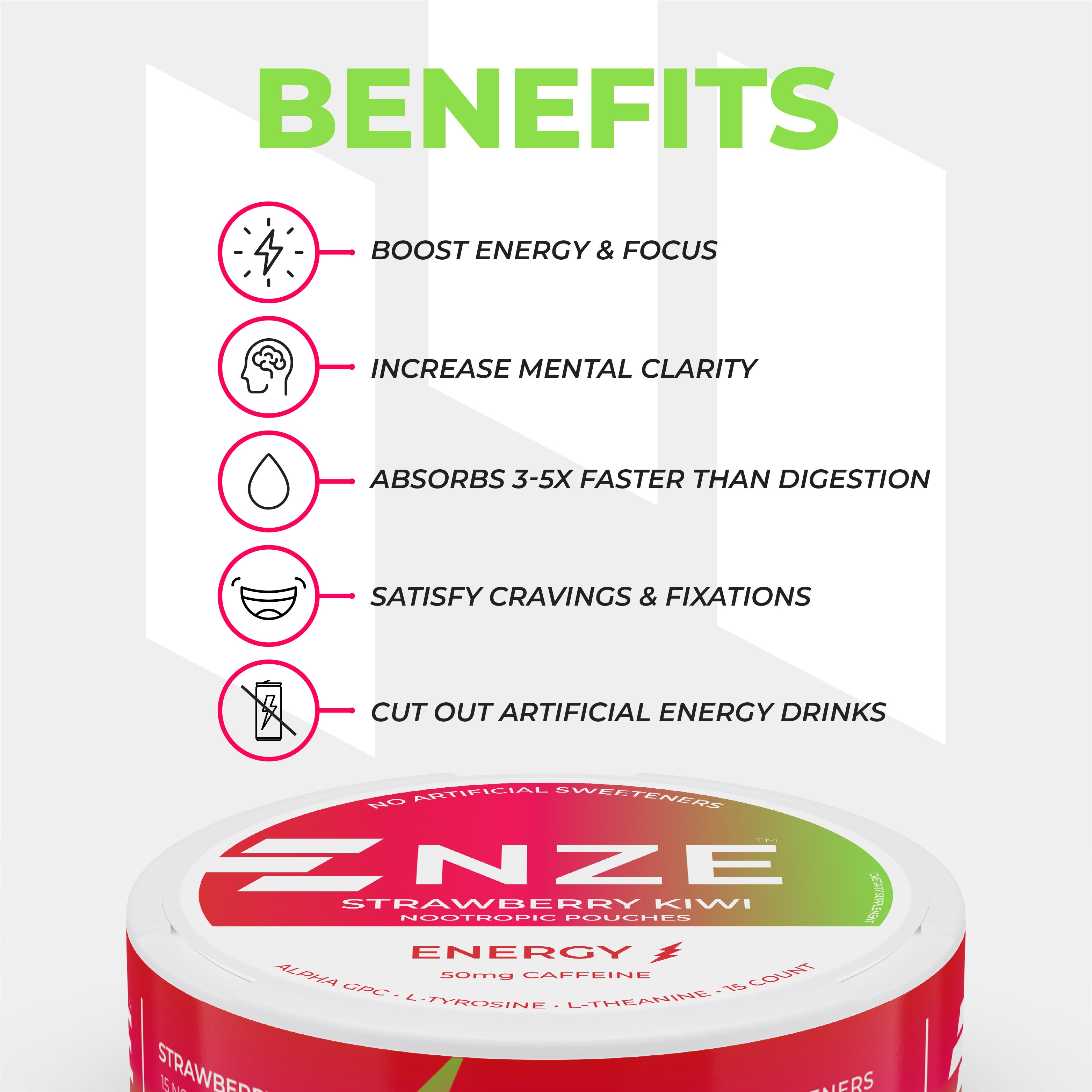NZE Strawberry Kiwi 50mg Caffeine Pouches - 5 Pack