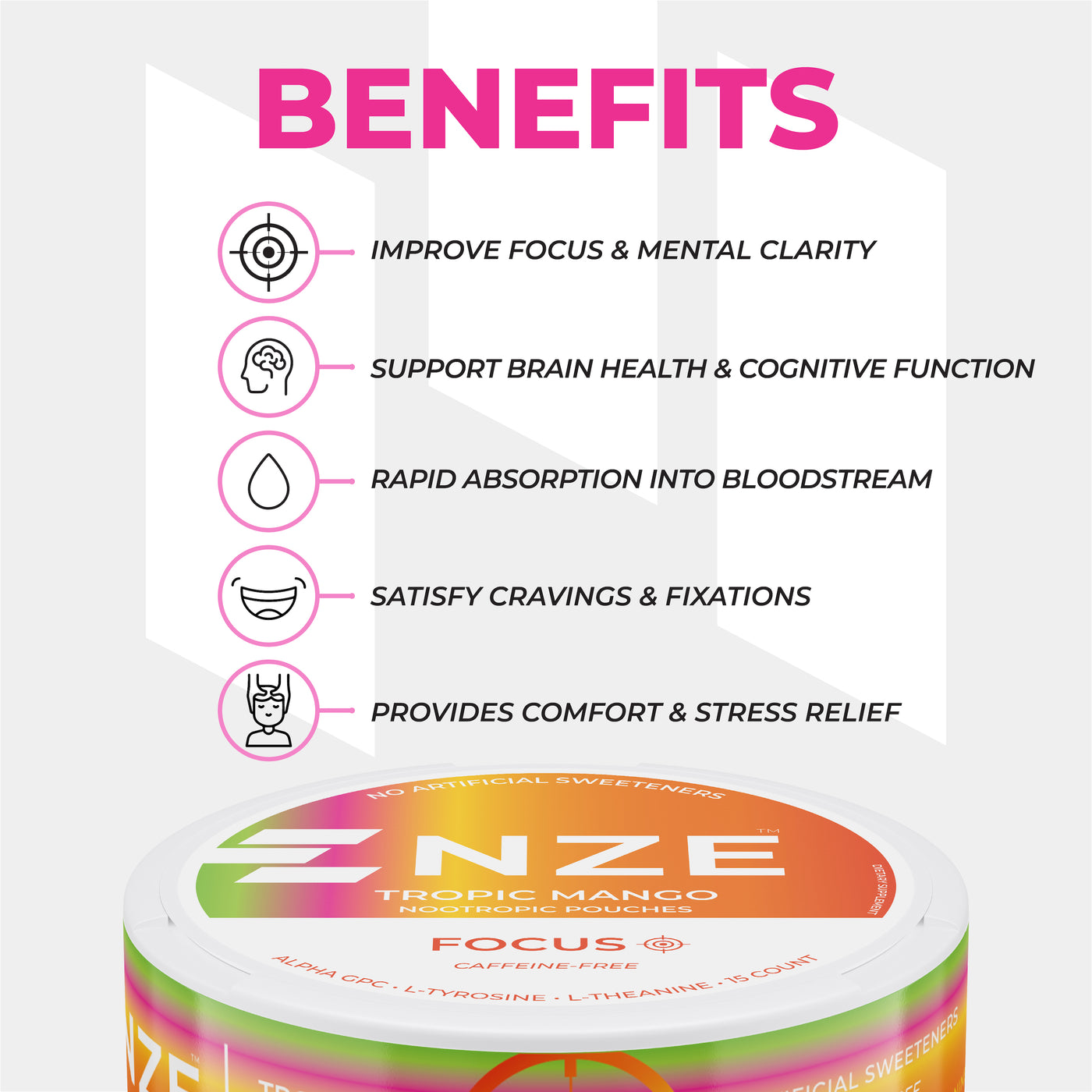 NZE Tropic Mango Focus Nootropic Pouches (Caffeine Free) - 5 Pack