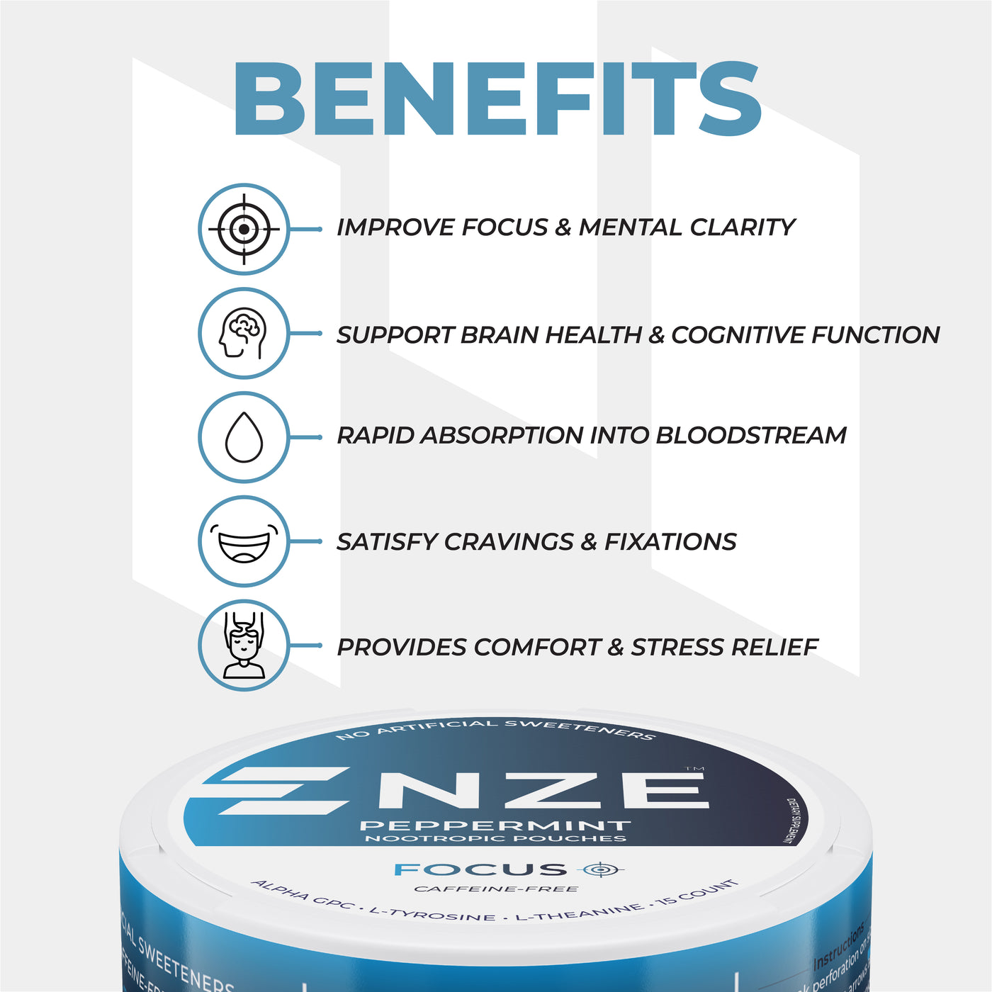 NZE Peppermint Focus Nootropic Pouches (Caffeine Free) - 5 Pack