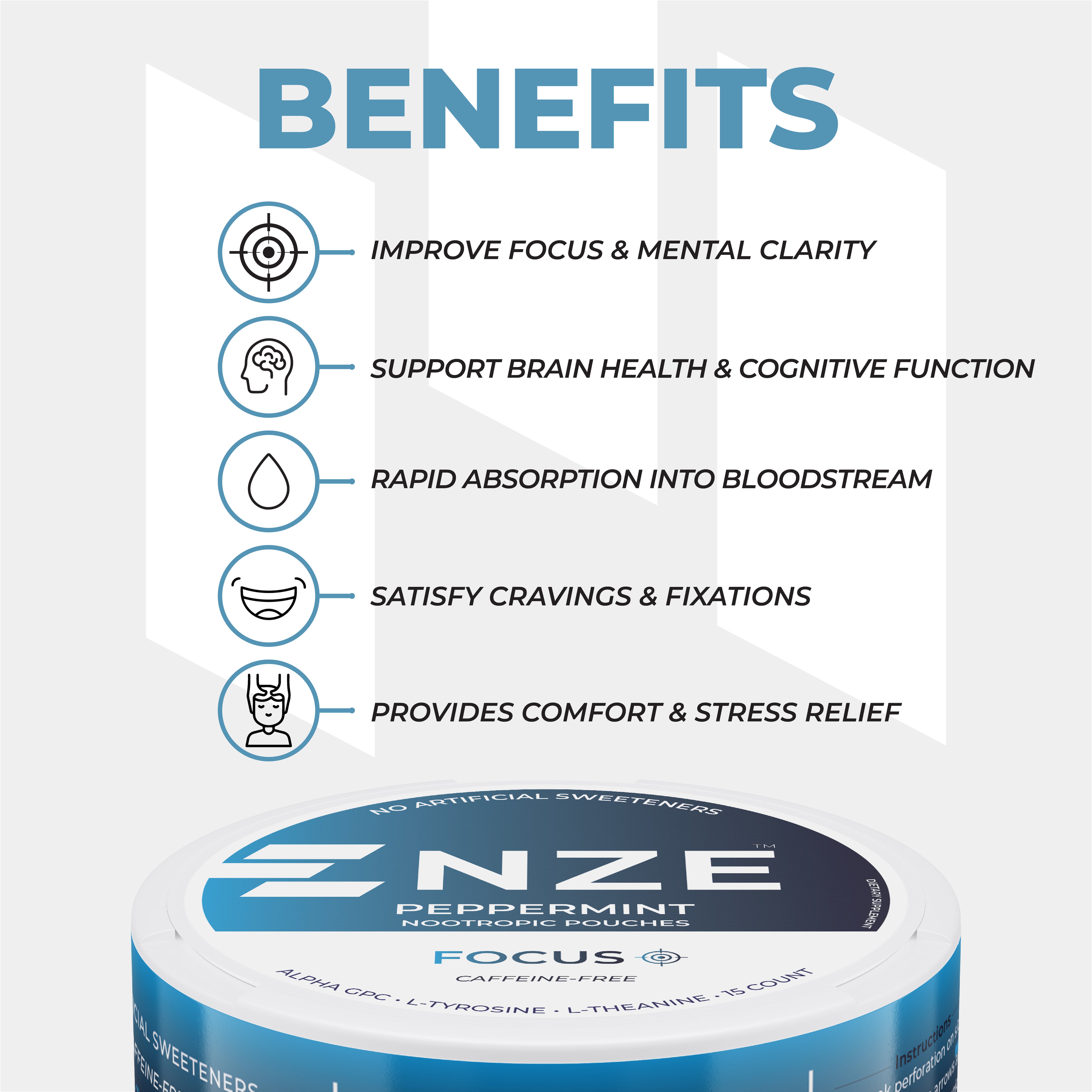 NZE Peppermint Focus Nootropic Pouches (Caffeine Free) - 5 Pack