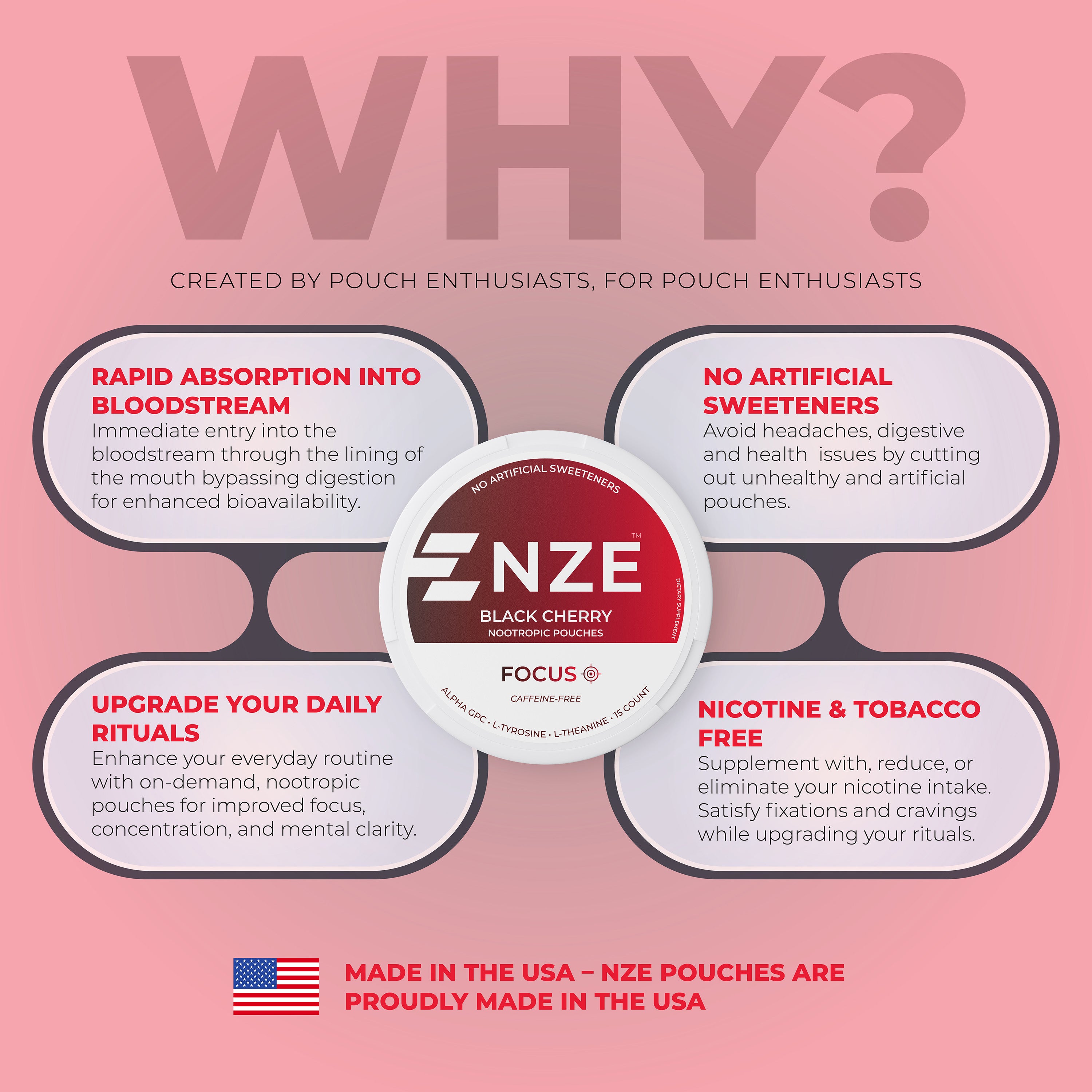 NZE Black Cherry Focus Nootropic Pouches (Caffeine Free) - 5 Pack