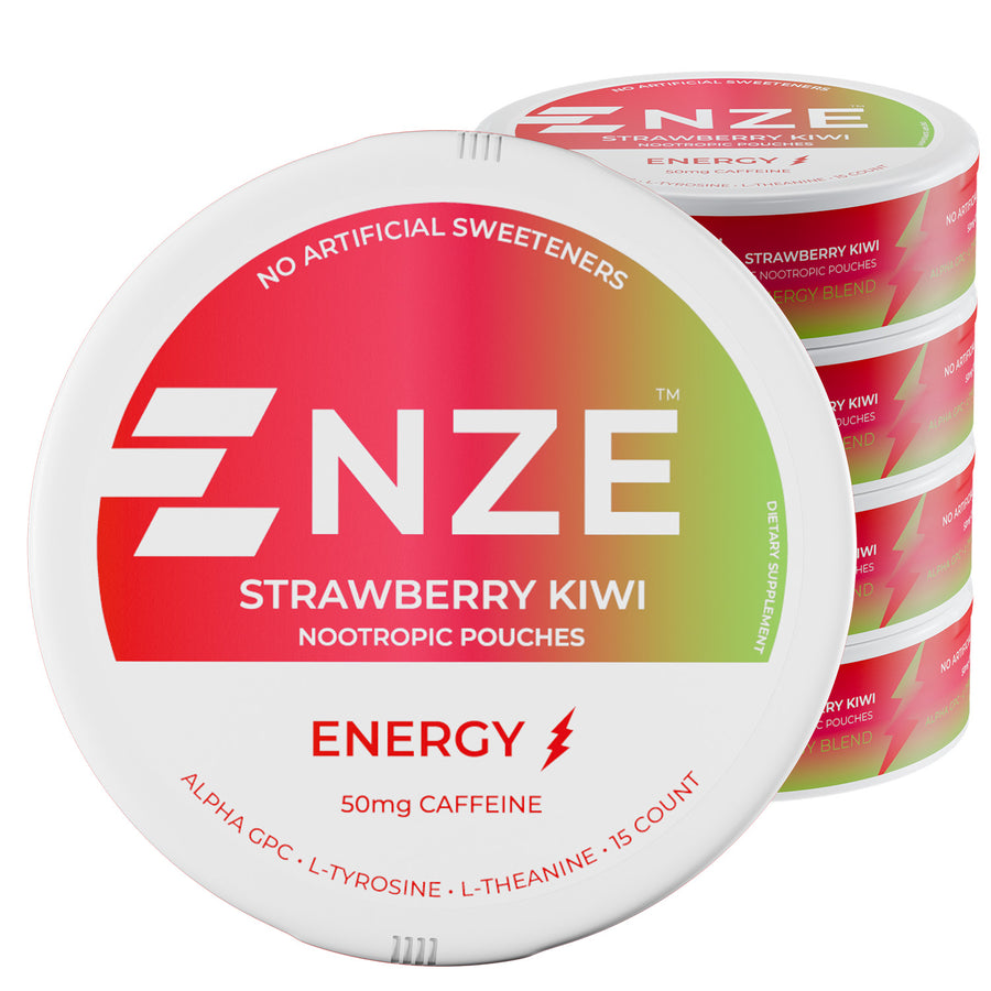 A stack of NZE Strawberry Kiwi Energy Pouches