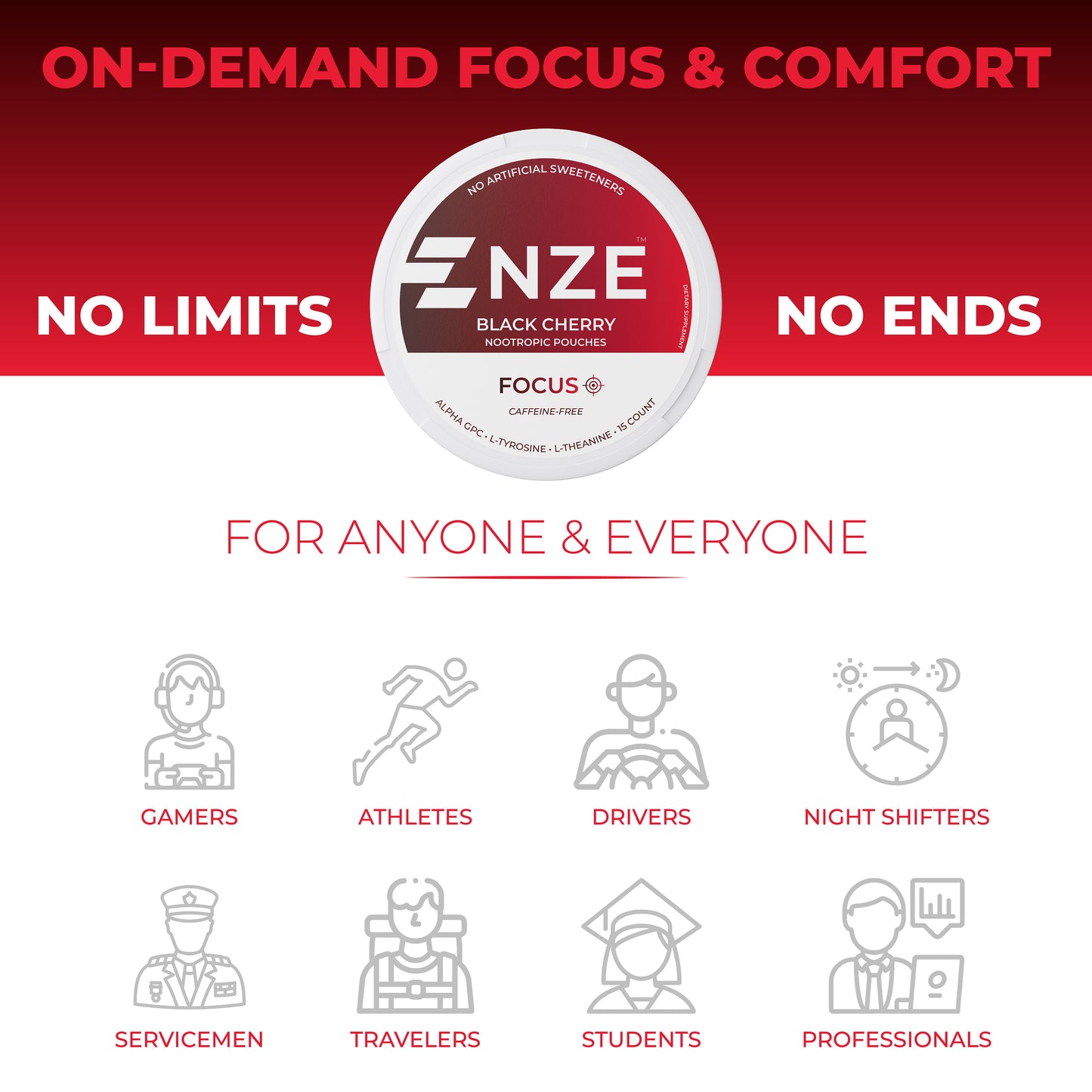 NZE Black Cherry Focus Nootropic Pouches (Caffeine Free) - 5 Pack