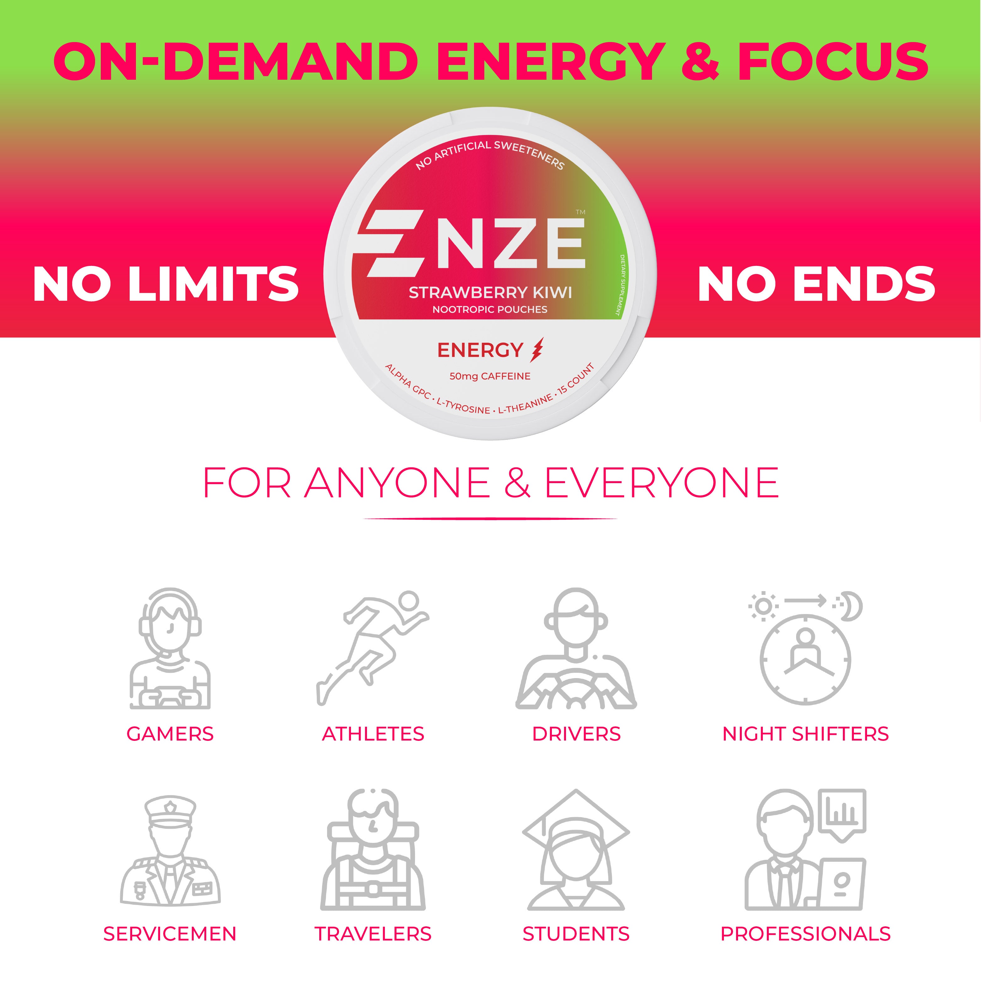 NZE Strawberry Kiwi 50mg Caffeine Pouches - 5 Pack