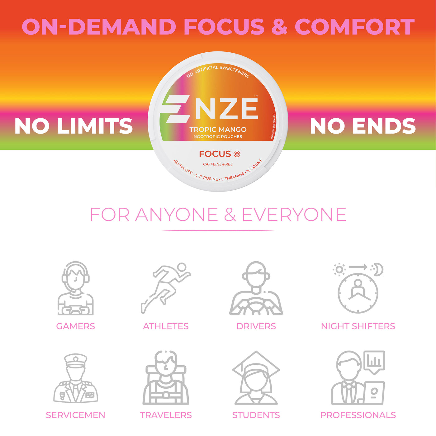 NZE Tropic Mango Focus Nootropic Pouches (Caffeine Free) - 5 Pack